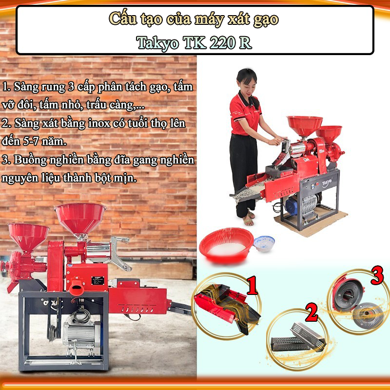 Cấu tạo của máy xát gạo mini Takyo TK 220 R vô cùng chất lượng