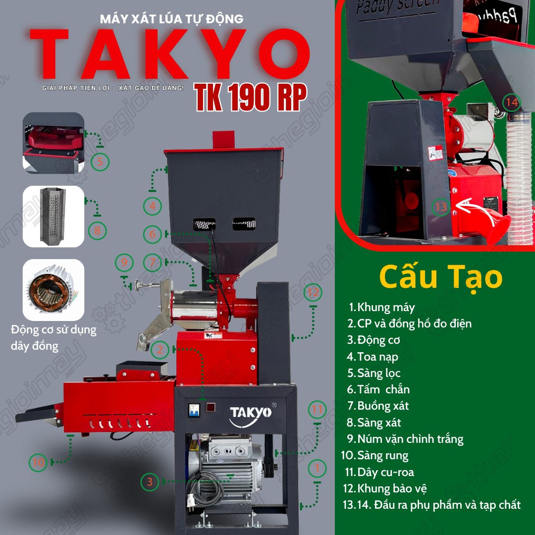 Cấu tạo của máy xát lúa tự động TAKYO TK 190 RP