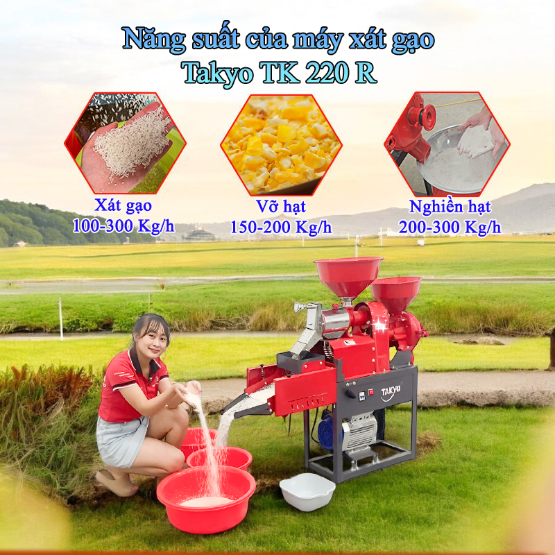 Máy xay xát lúa gạo Takyo TK 220 R có năng suất xát gạo, vỡ hạt, nghiền hạt ấn tượng