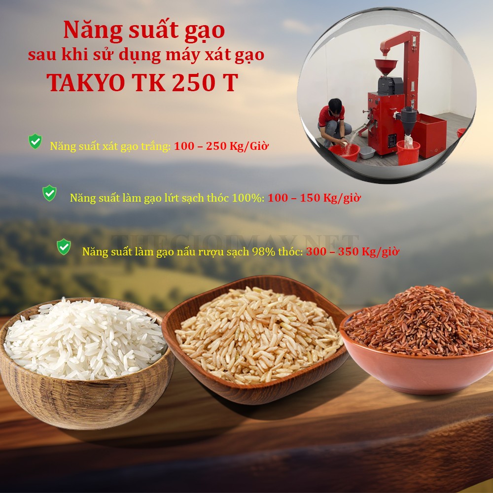 Máy xát gạo Takyo TK 250 T có năng suất hoạt động mạnh mẽ